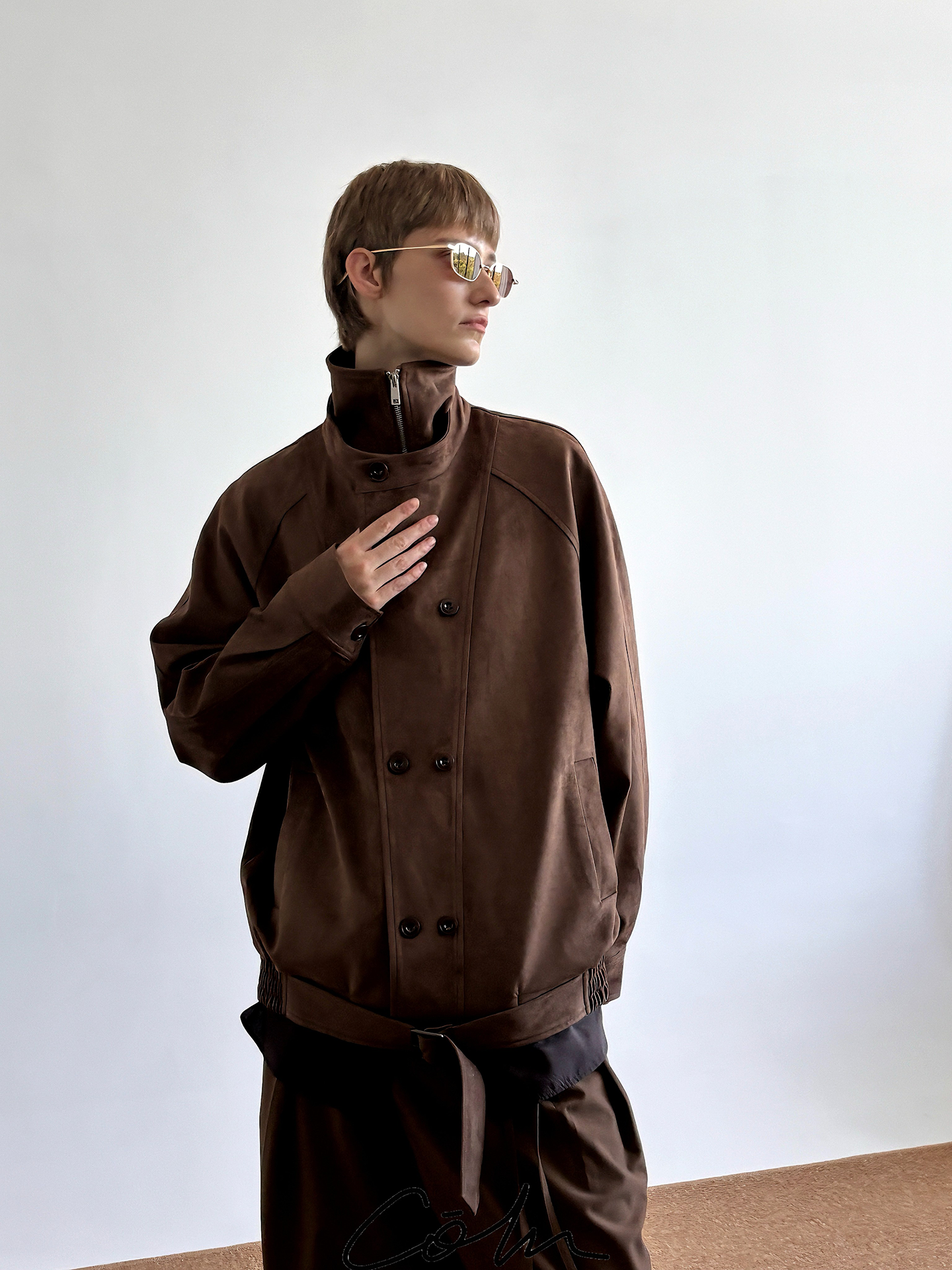 Suede Double Layer Collar Double Breasted Jacket WN21525