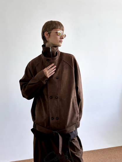 Suede Double Layer Collar Double Breasted Jacket WN21525