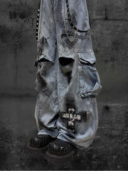Damage Paint Cargo Wide Leg Denim Jeans & Skull Belt & Belt Chain WN23788