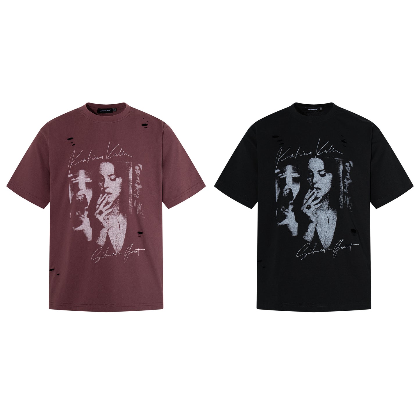 Damage Portrait Print Short Sleeve T-Shirt WN25495