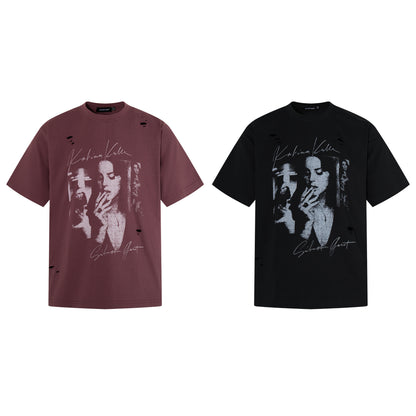 Damage Portrait Print Short Sleeve T-Shirt WN25495