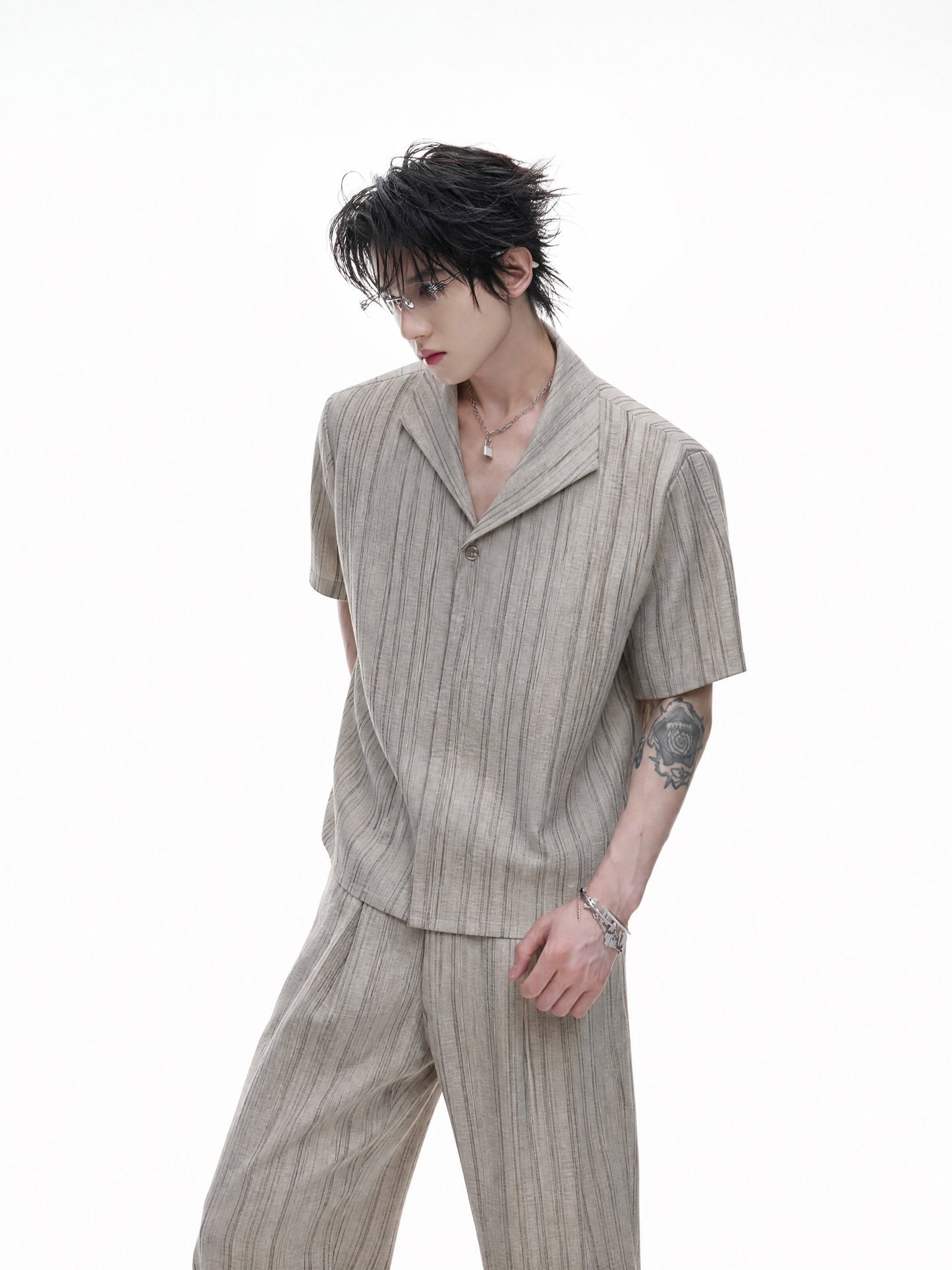 Cuban-Collar Stripe Short Sleeve Shirt & Wide Leg Pants Setup WN27022