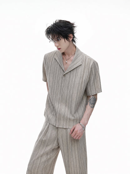 Cuban-Collar Stripe Short Sleeve Shirt & Wide Leg Pants Setup WN27022