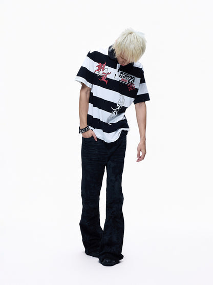 Polo Collar Stripe Print Oversize Short Sleeve T-Shirt WN27281
