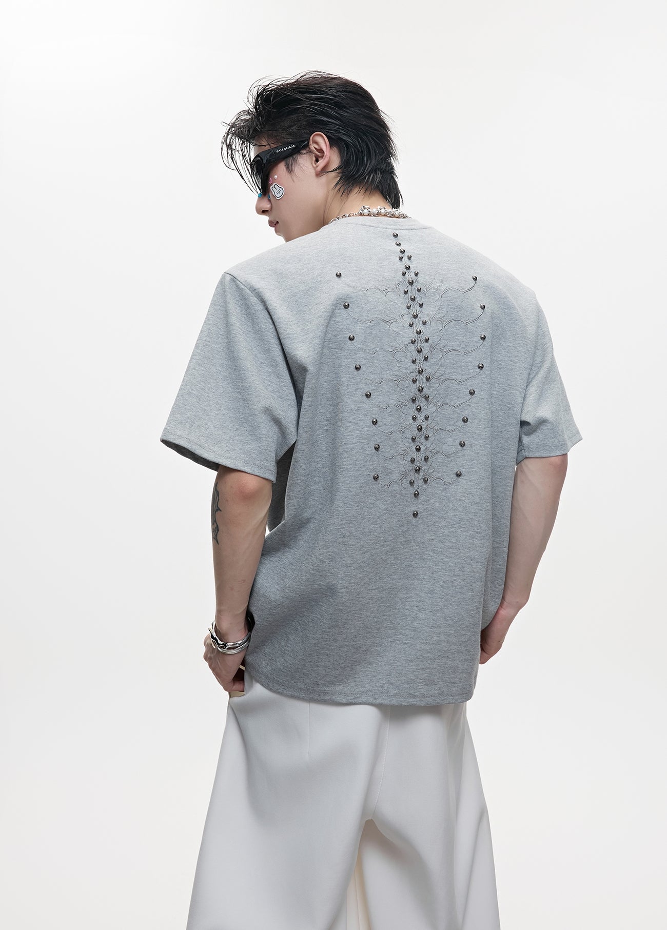 Metal Stud Spine Design Slim Short Sleeve T-Shirt WN18338