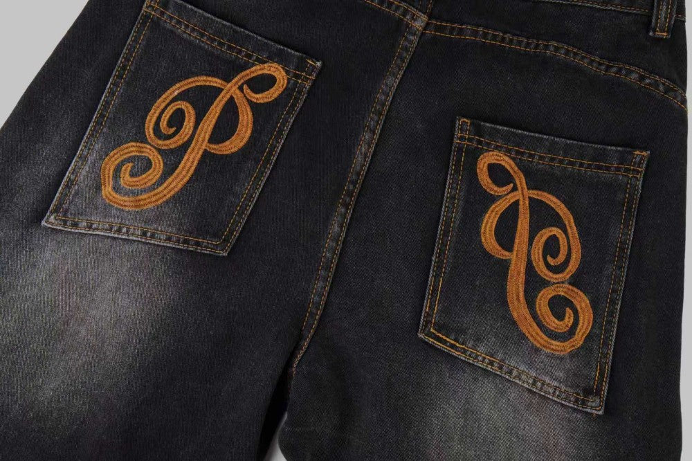 Embroidery Washed Wide Leg Denim Jeans WN28022
