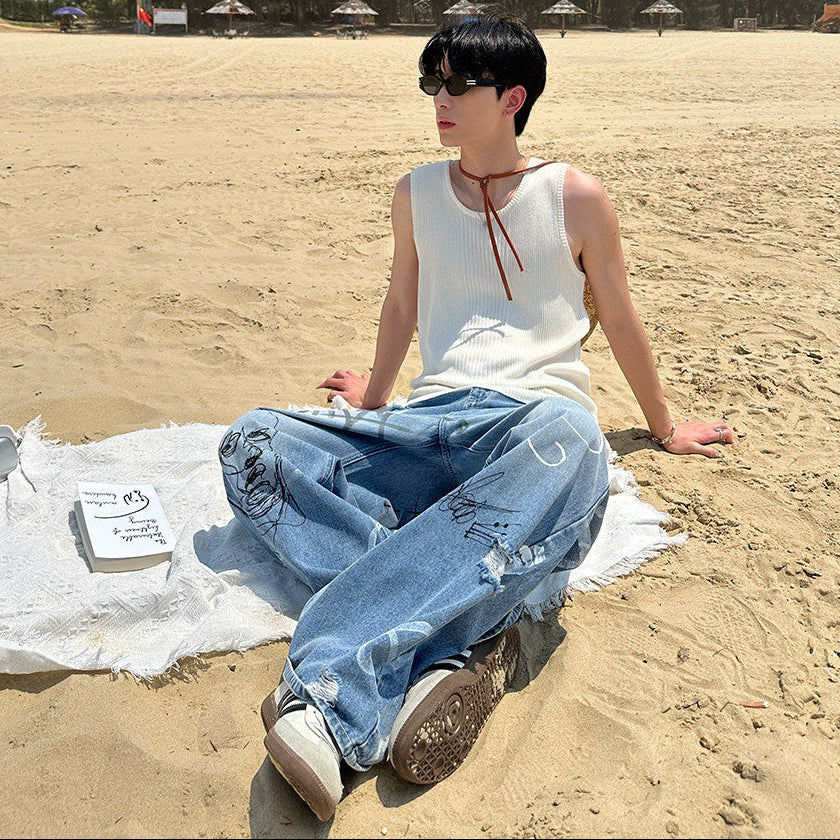 Graffiti Print Wide Leg Denim Jeans WN25028