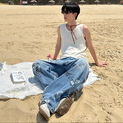 Graffiti Print Wide Leg Denim Jeans WN25028