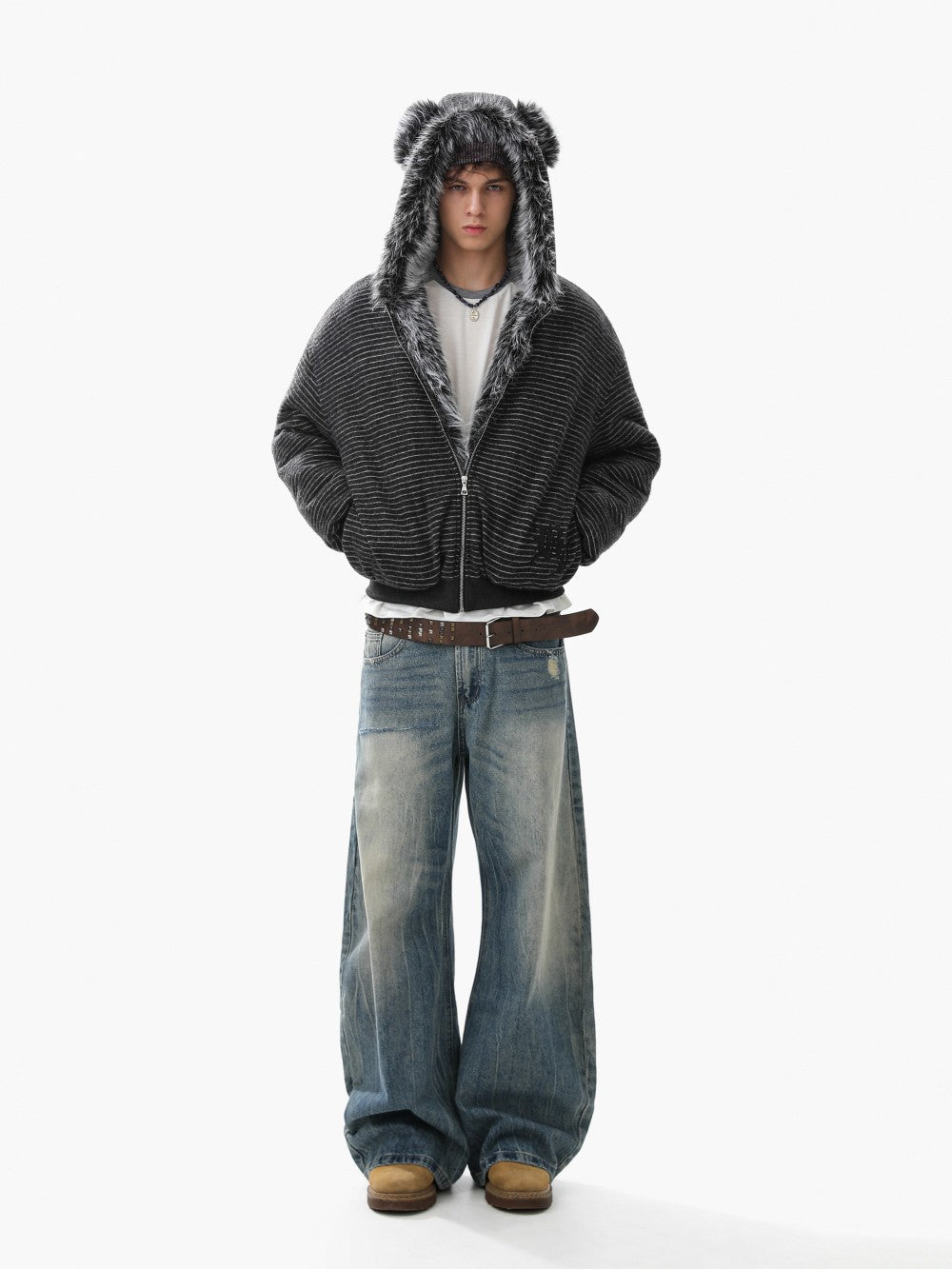 Fake Fur Collar Stripe Zipper Jacket WN28119