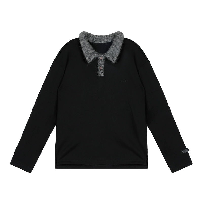 Wool-Effect Collar Polo Design Long Sleeve T-Shirt WN18907