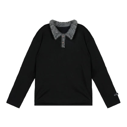 Wool-Effect Collar Polo Design Long Sleeve T-Shirt WN18907