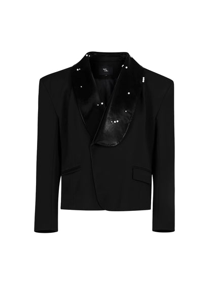 Pearl Splicing Shoulder-Pad PU Leather Jacket & Straight Pants Setup WN21966