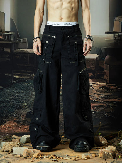 Multi-Pocket Strap Zipper Patchwork Layered Wide Leg Cargo Pants WN18518