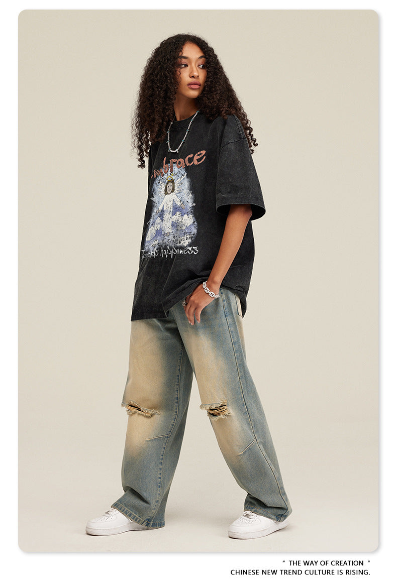 Oversize Angel Print Round Neck Short Sleeve T-Shirt WN7893