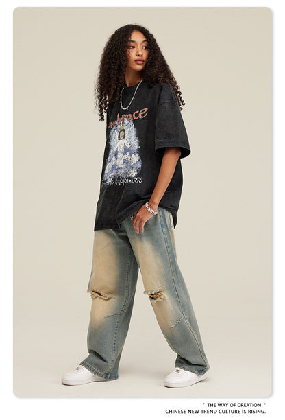 Oversize Angel Print Round Neck Short Sleeve T-Shirt WN7893