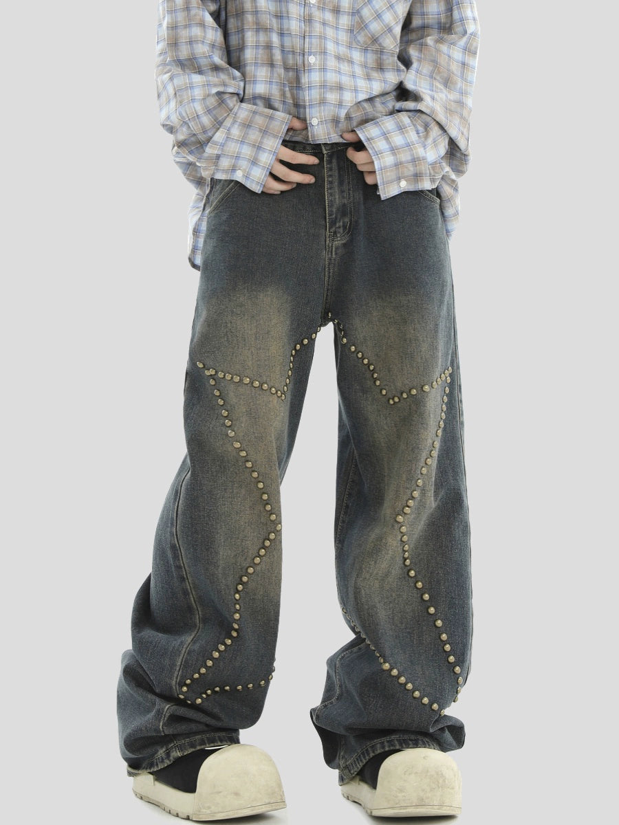 Wide-Leg Straight Star Studs Denim Jeans WN7155