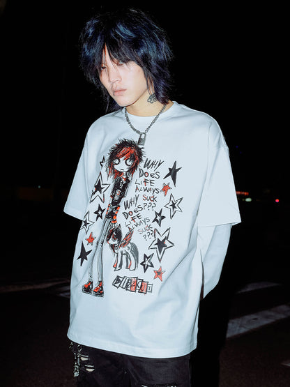 Hand-Drawn Anime-Inspired Fake Layered Long Sleeve T-Shirt WN16088