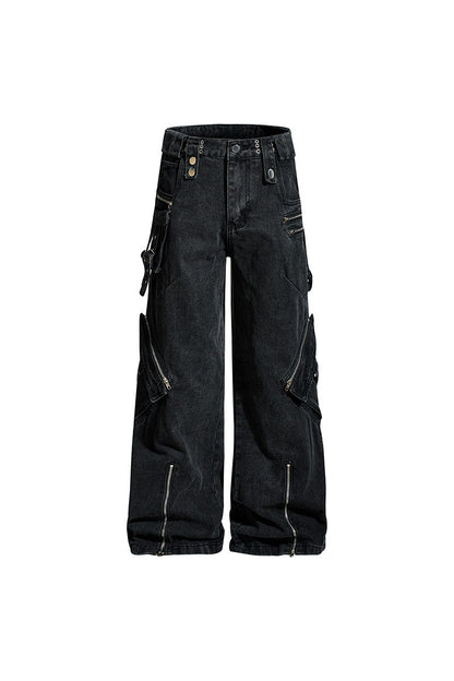 Zipper Strap Rivet Wide Leg Cargo Denim Jeans WN24169