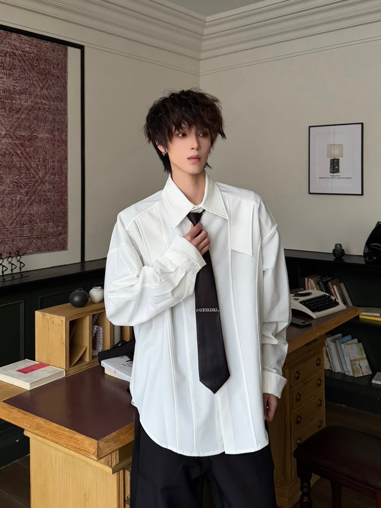 Shoulder-Pad Drapey Long Sleeve Shirt WN23179