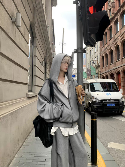 Wrinkle Design Zipper Hoodie & Wide Leg Pants Setup WN19905