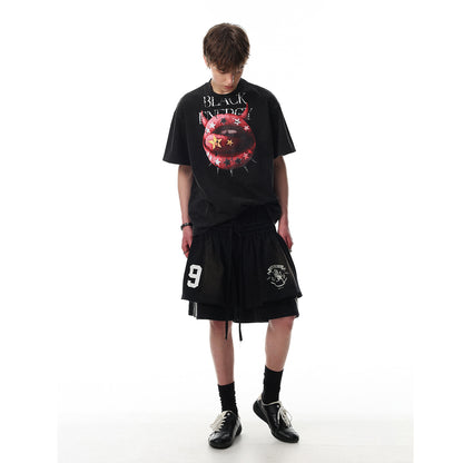 Graphic Print Washed Damage Cotton Short Sleeve T-Shirt WN25601