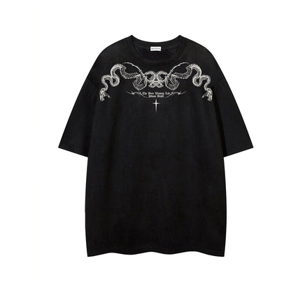 Python Print Suede Letter Print Short Sleeve T-Shirt WN25588
