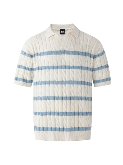 Cable Striped Collar Short Sleeve Knit Polo Shirt WN20302