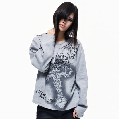 Henley Neck Cross Print Waffle Oversize Long Sleeve T-Shirt WN27277