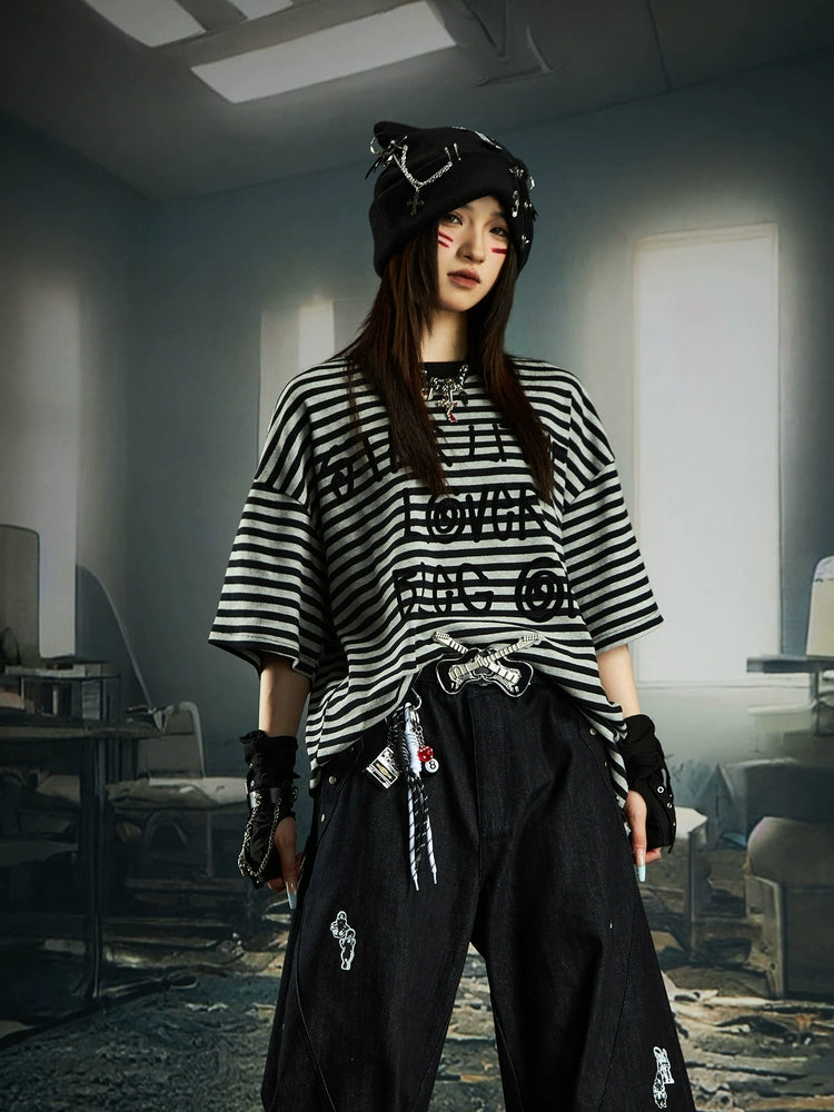 Stripe Letter Print Short Sleeve T-Shirt WN20552