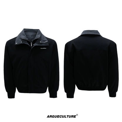 Washed Stripe Fake Layered Double Collar Puffer Jacket WN21725