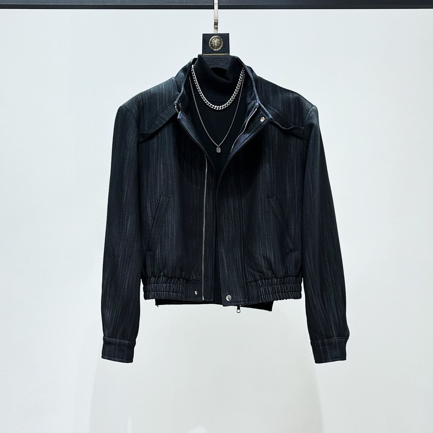 Deconstructed Textured Standing-Collar Short Jacket & Wide Leg Trousers Setup WN23871