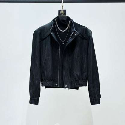 Deconstructed Textured Standing-Collar Short Jacket & Wide Leg Trousers Setup WN23871
