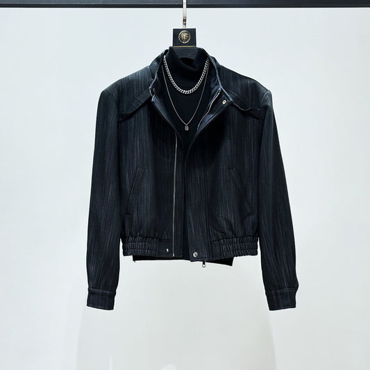 Deconstructed Textured Standing-Collar Short Jacket & Wide Leg Trousers Setup WN23871