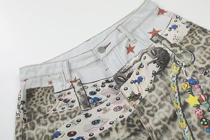 Allover Leopard Print Wide Leg Short Denim Jeans WN25650