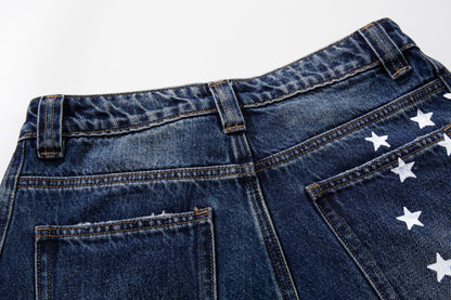 Star Print Curved Wide Leg Denim Jeans WN25727