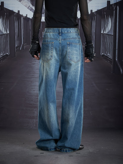 Heavy Metal Stud Whisker Wash Straight Denim Jeans WN22883