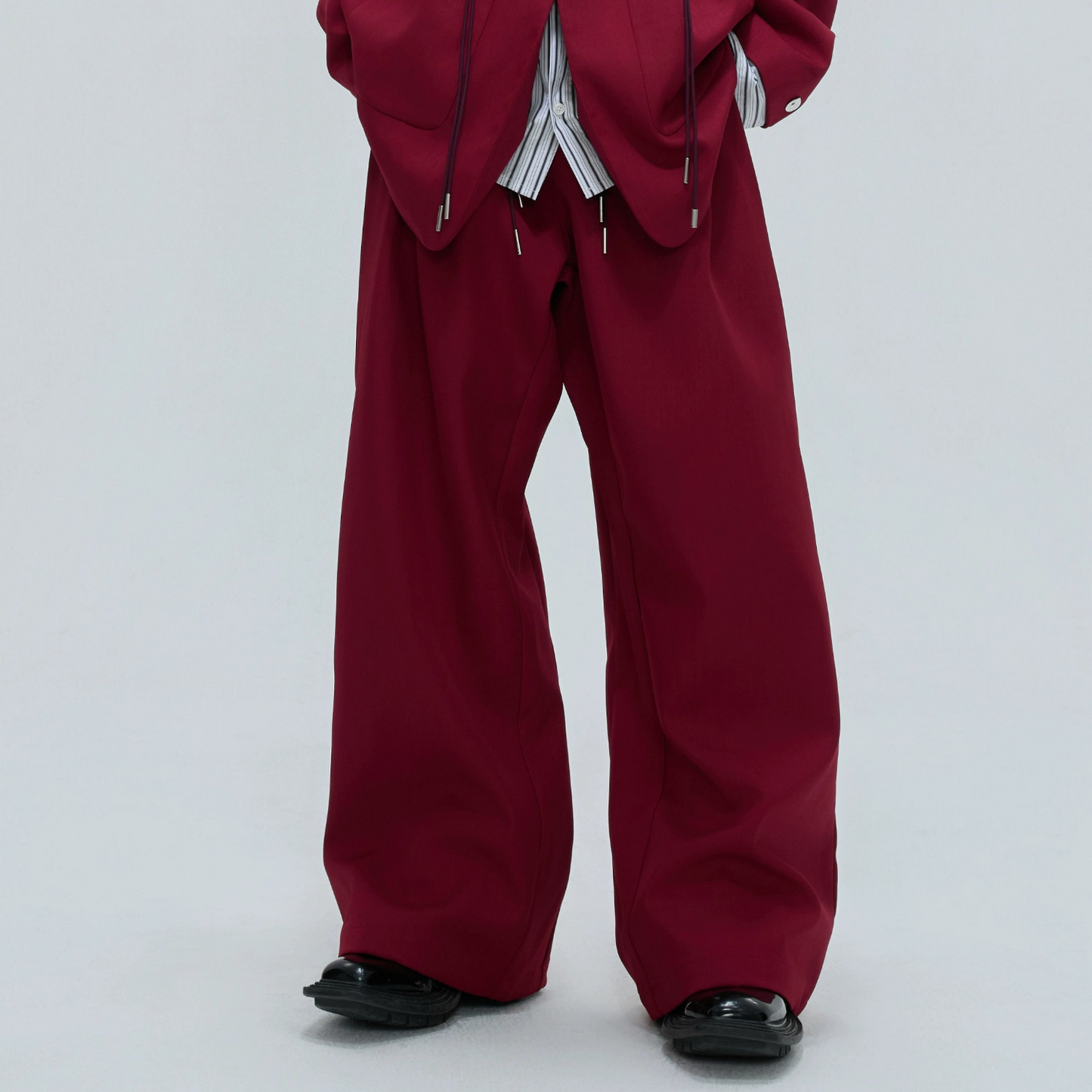 Stripe Shirt Fake Layered Drawstring Waist Shoulder-Pad Tailored Jacket & Trousers Setup WN21731