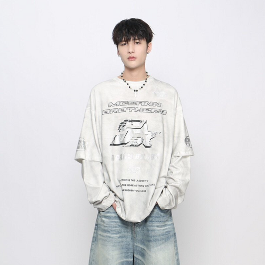 Graphic Paint Print Fake Layered Oversize Long Sleeve T-Shirt WN24420