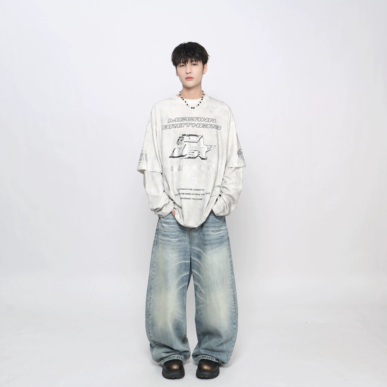 Spray Letter Print Fake Layered Long Sleeve T-Shirt WN21048