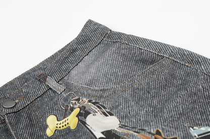 Applique Patchwork Wide Leg Half Denim Pants WN25625