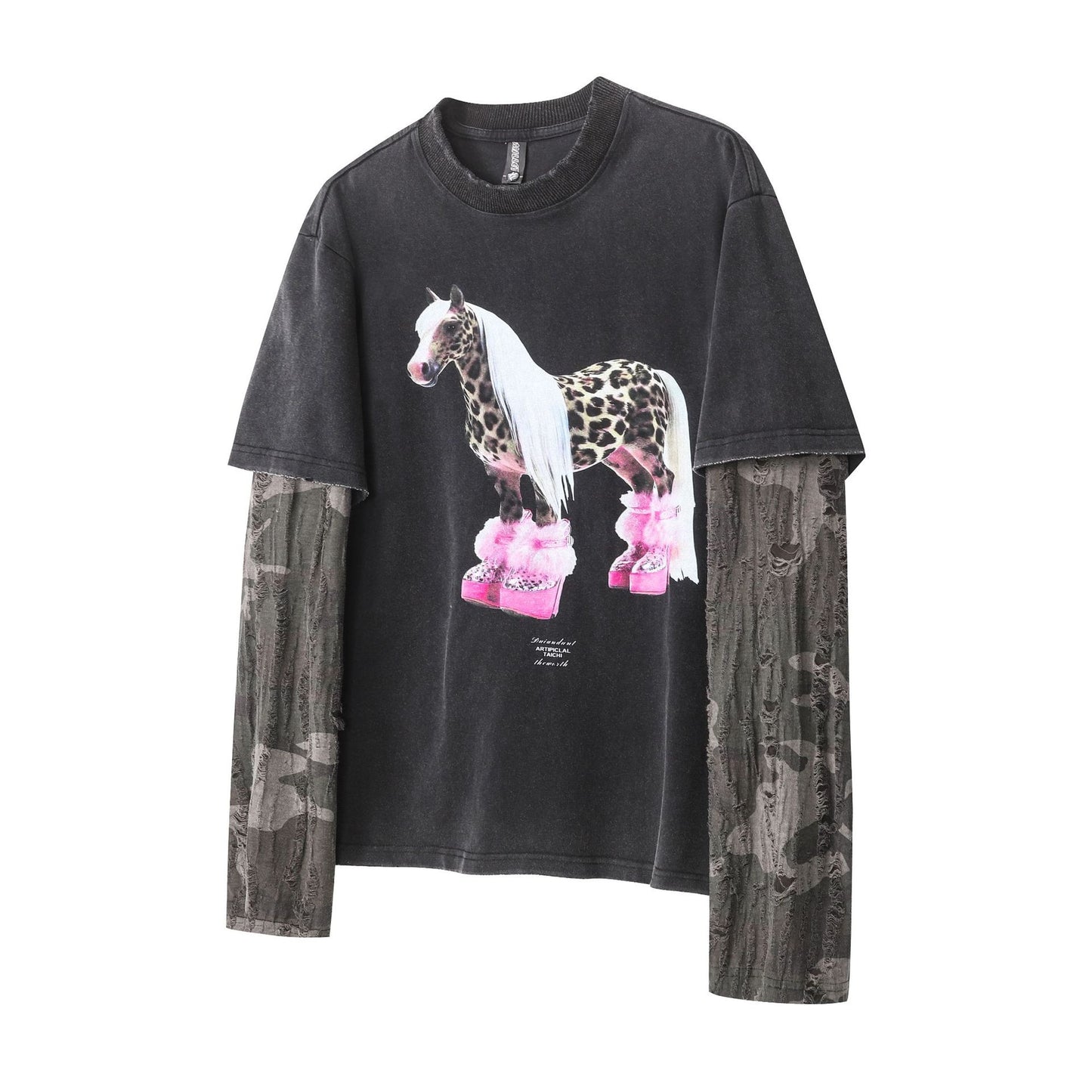 Leopard Horse Print Fake Layered Long Sleeve T-Shirt WN25784