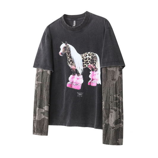 Leopard Horse Print Fake Layered Long Sleeve T-Shirt WN25784