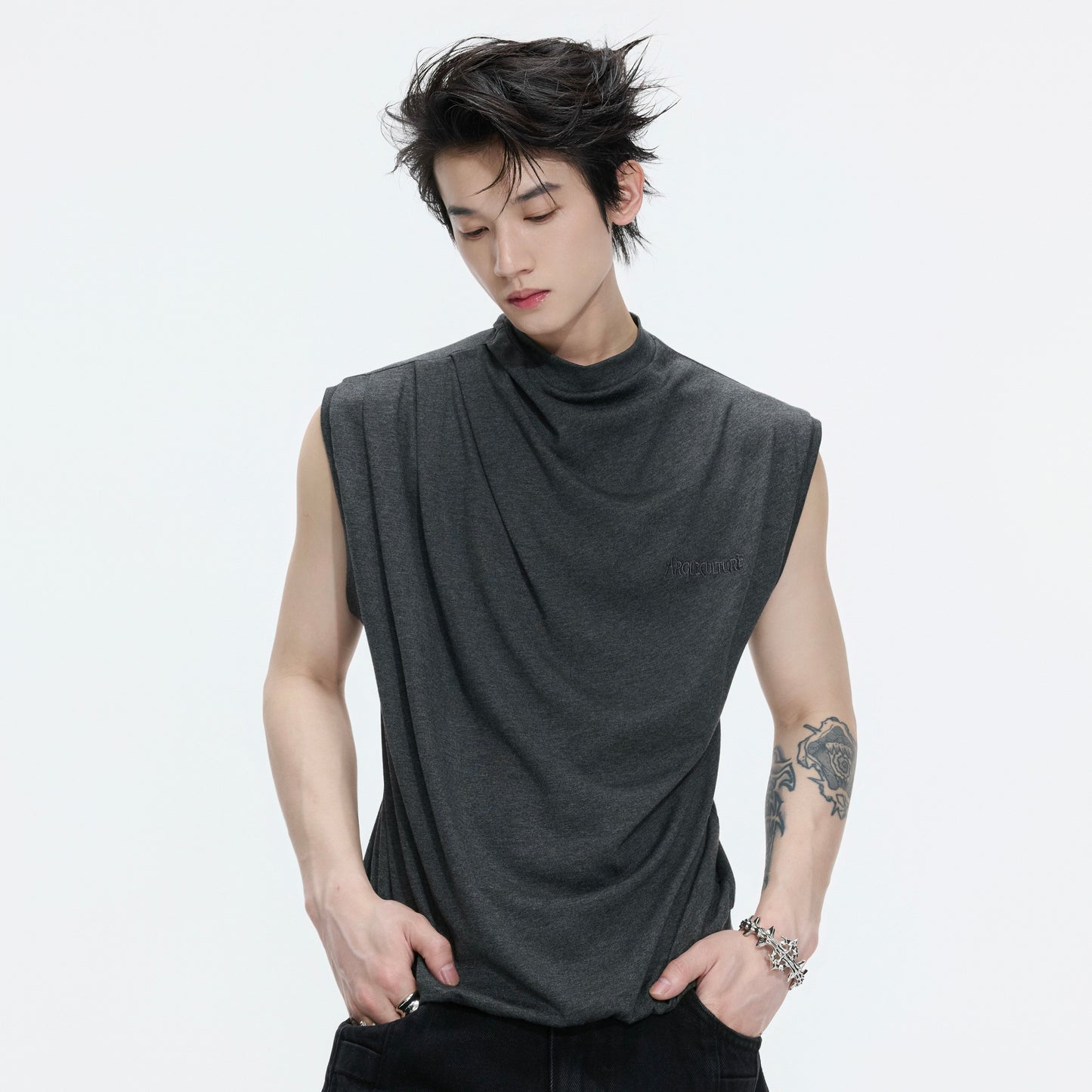 Embroidery Stretch Oversize Sleeveless T-Shirt WN26990