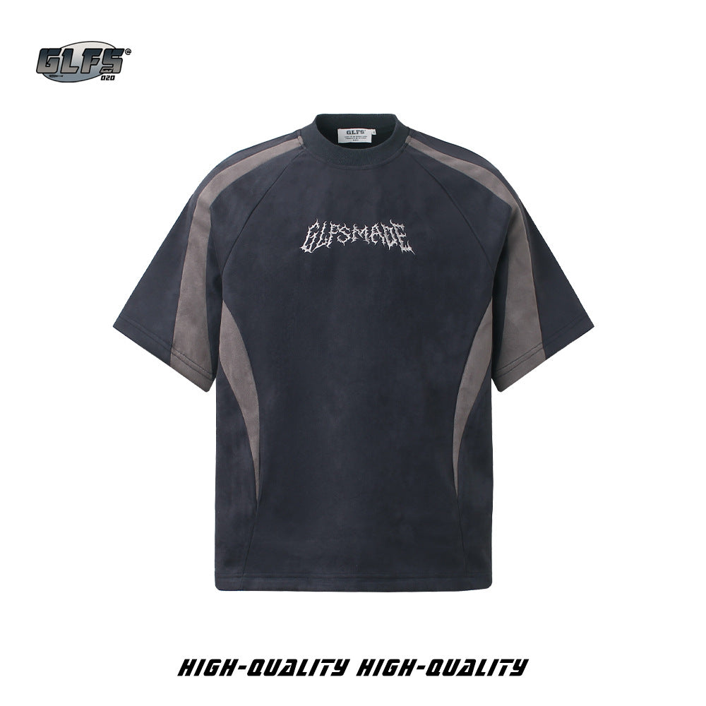 Heavyweight Suede Panel Embroidery Short Sleeve T-Shirt WN26494