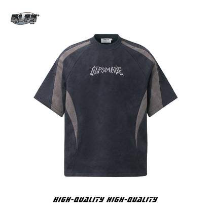Heavyweight Suede Panel Embroidery Short Sleeve T-Shirt WN26494
