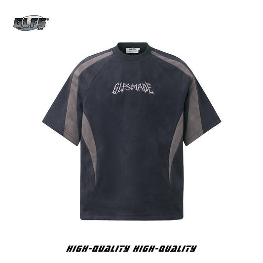 Heavyweight Suede Panel Embroidery Short Sleeve T-Shirt WN26494