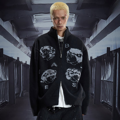 Portrait Print High-Neck Zipper Oversize Knit Cardigan WN22894