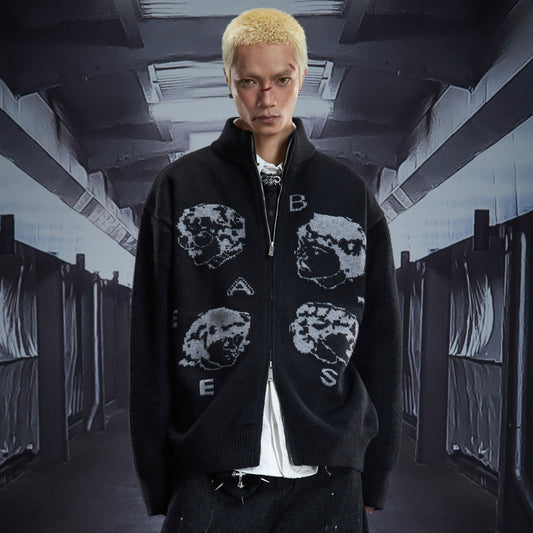 Portrait Print High-Neck Zipper Oversize Knit Cardigan WN22894