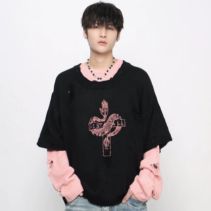 Damage Hole Fake Layered Knit Sweater WN21043