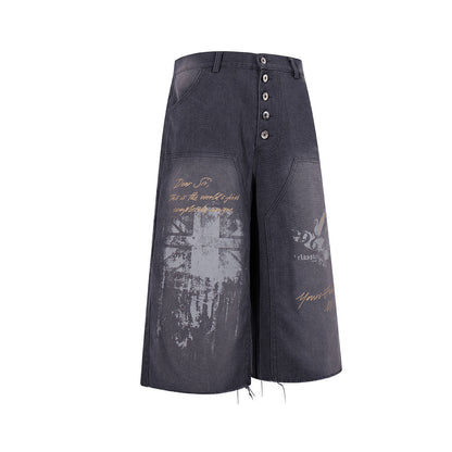 Denim Graffiti Damage Wide Leg Half Pants WN25658